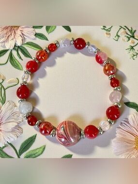 Red & Pink Beaded Stretch Bracelet with Silver Accents